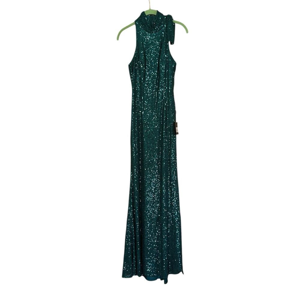 Mac Duggal Teal Sequined Soft Tie Halter Neck Column Gown Style 11280 Size 2 NEW - Picture 6 of 10